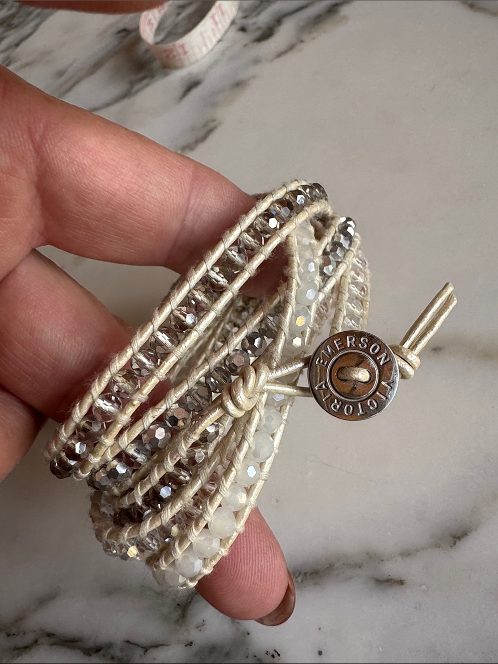Victoria Emerson Silver Dorado Ivory Crystal Leather Wrap Boho Bracelet